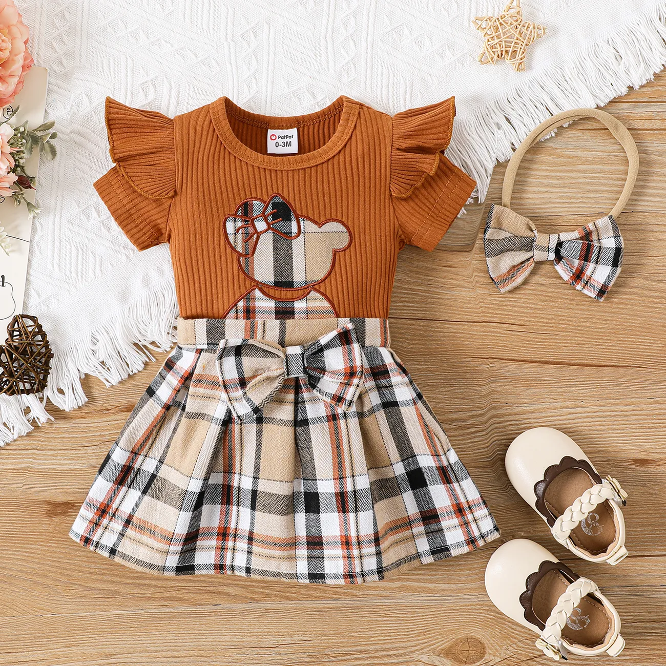 3pcs Baby Girl Cotton Ribbed Ruffle Short-sleeve Bear Embroidered Romper and Plaid Skirt & Headband Set Brown big image 1