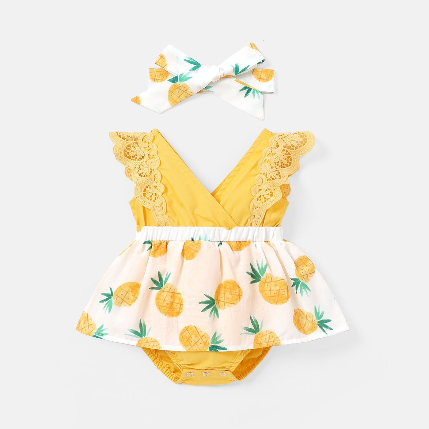 

2pcs Baby Girl Pineapple Print Flutter-sleeve Romper and Headband Set