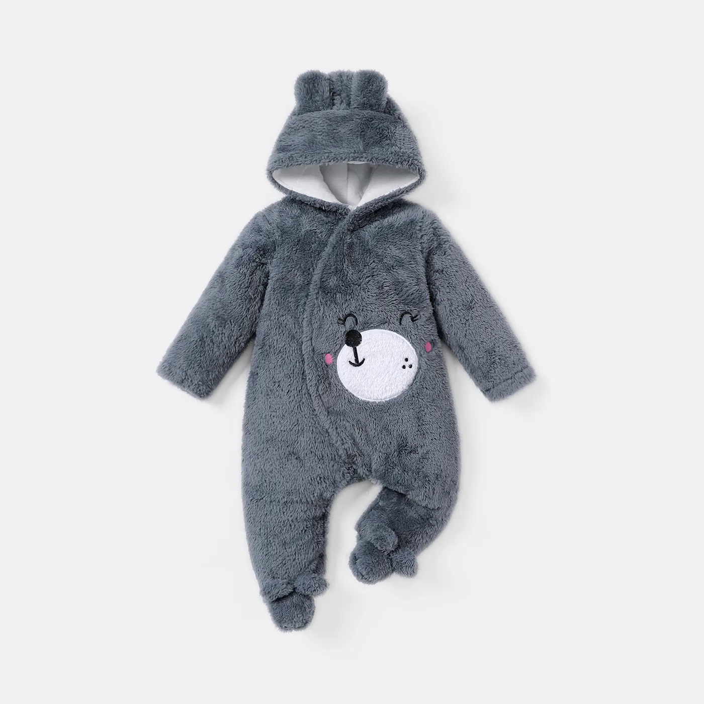 Baby Boy/Girl Bear Embroidered 3D Ears Detail Thickened Thermal Hooded Footed Jumpsuit