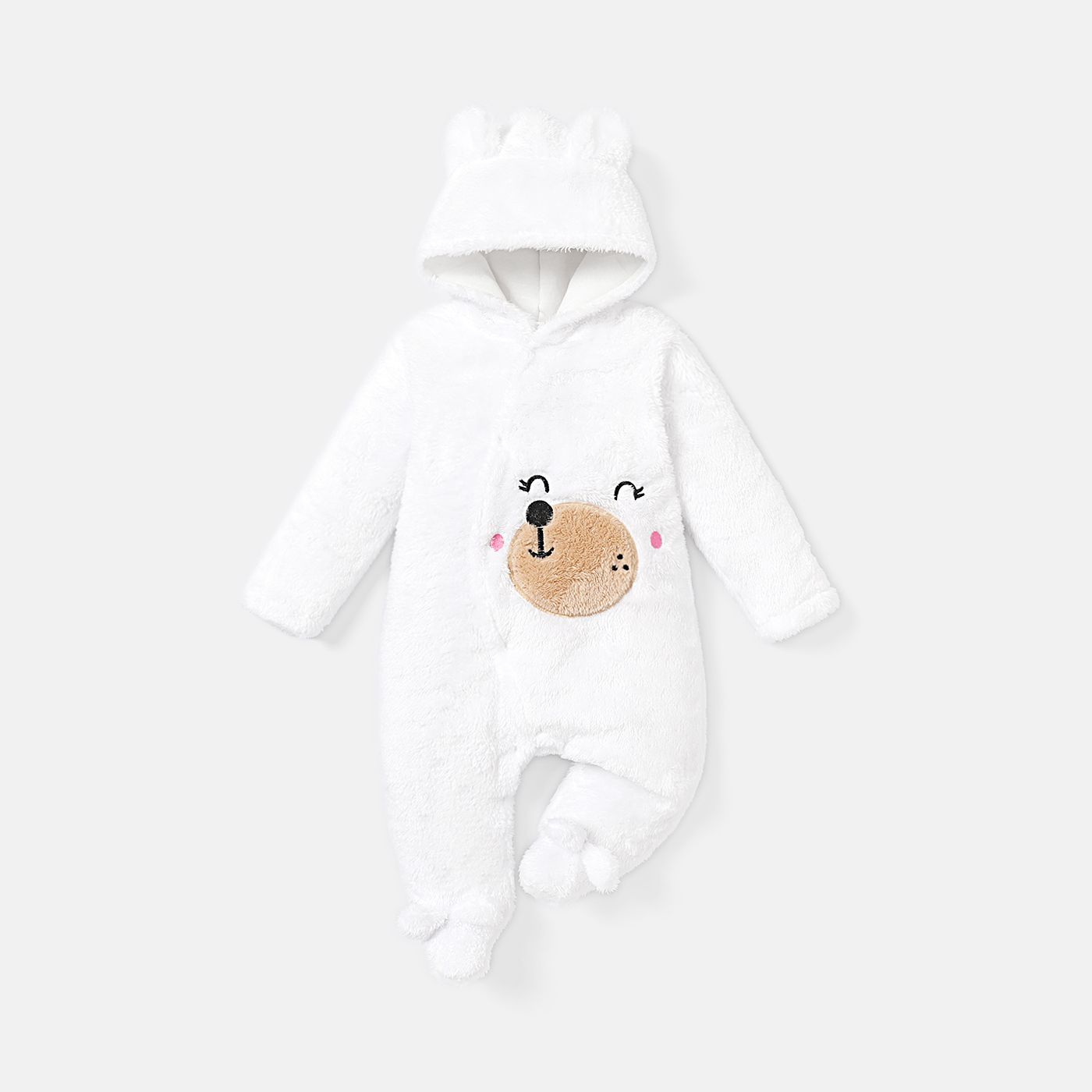 Baby Boy/Girl Bear Embroidered 3D Ears Detail Thickened Thermal Hooded Footed Jumpsuit