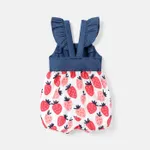 Baby Girl Strawberry Print Denim Splice Flutter-sleeve Overalls Pink image 2