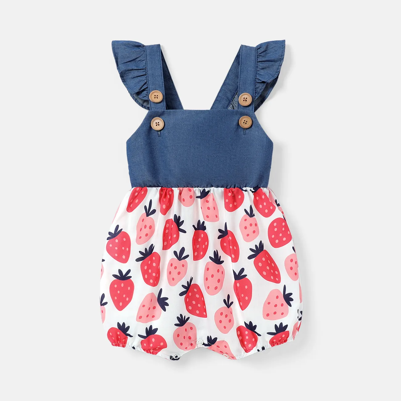 Baby Girl Strawberry Print Denim Splice Flutter-sleeve Overalls  big image 1