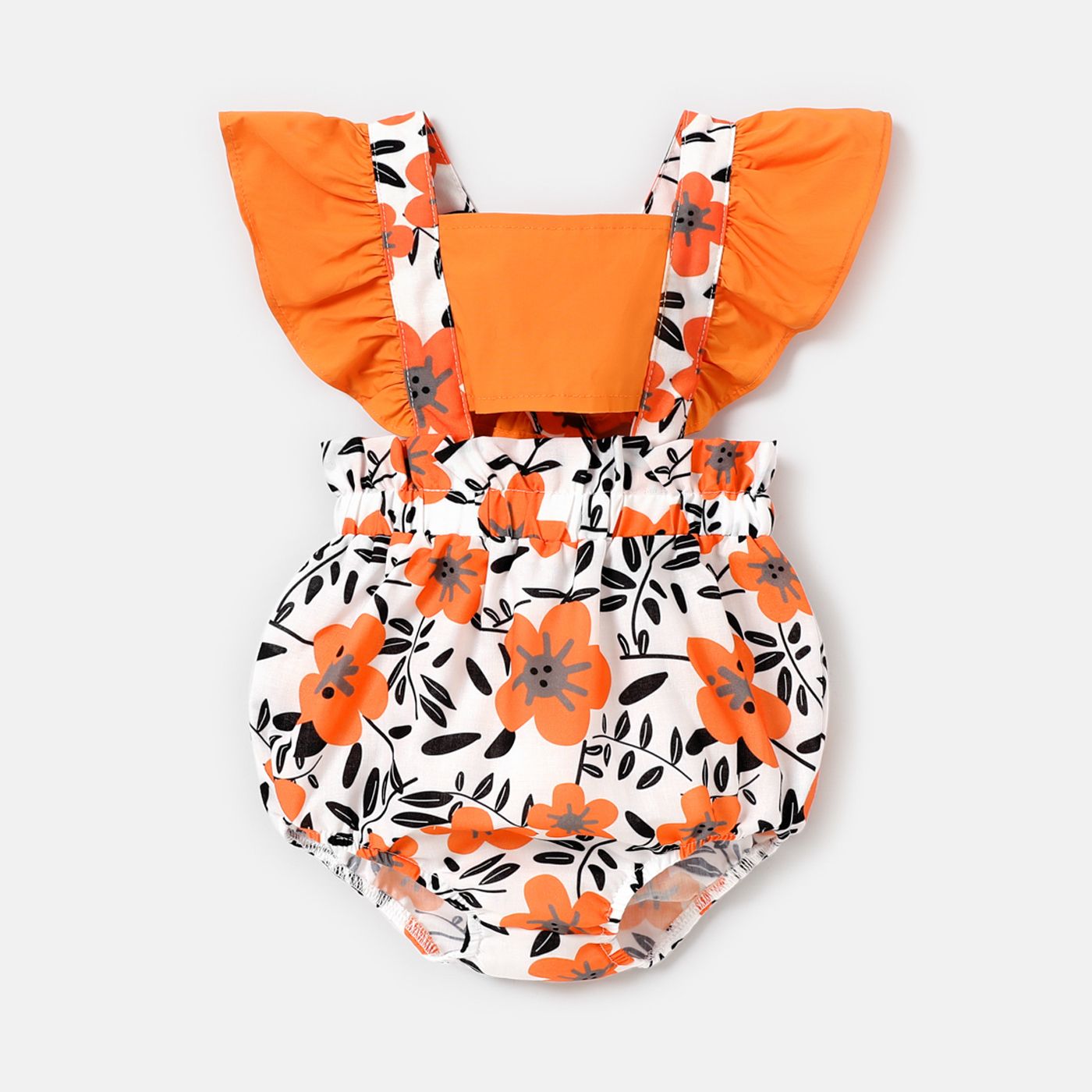 Baby Girl Cotton Ruffle Trim Solid & Floral-print Spliced Romper