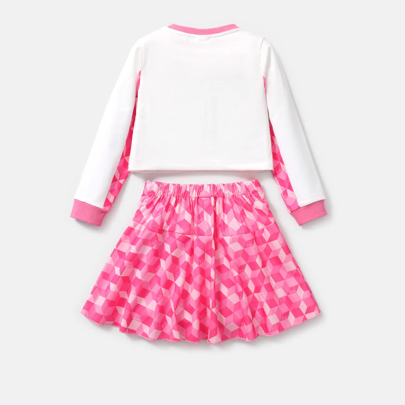Barbie 2pcs Kid Girl Plaid Colorblock Long-sleeve Tee and Bowknot Design Skirt Set Pink big image 1