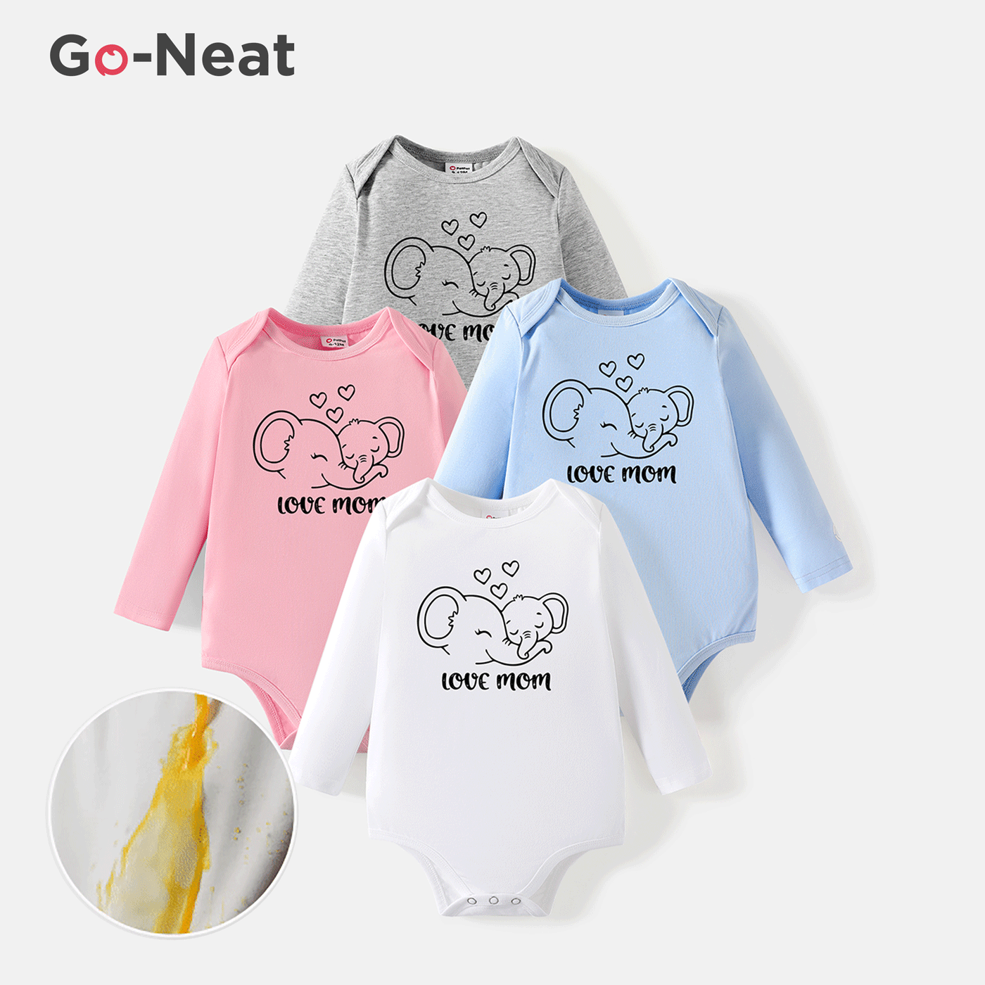 [0M-24M] Go-Neat Water Repellent and Stain Resistant Baby Boy/Girl Elephant & Letter Print Long-sleeve Romper