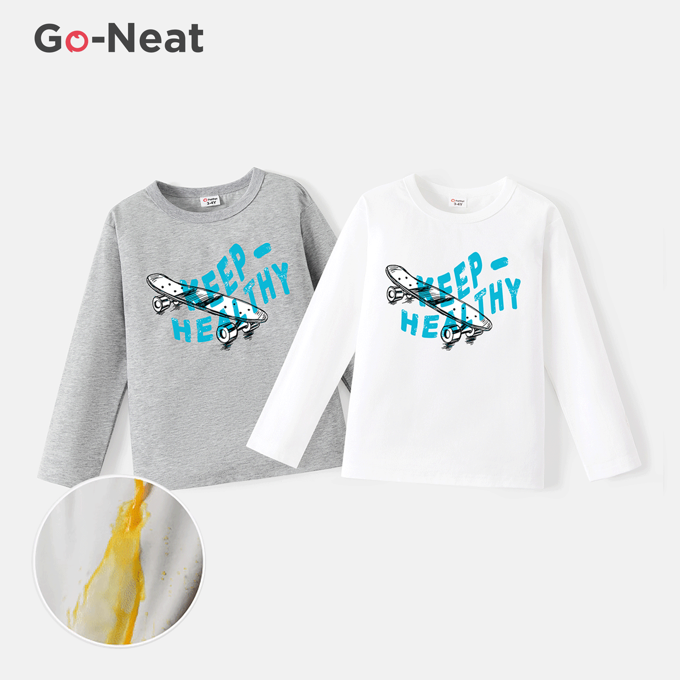 Go-Neat Water Repellent and Stain Resistant Sibling Matching Skateboard & Letter Print Long-sleeve Tee Light Grey
