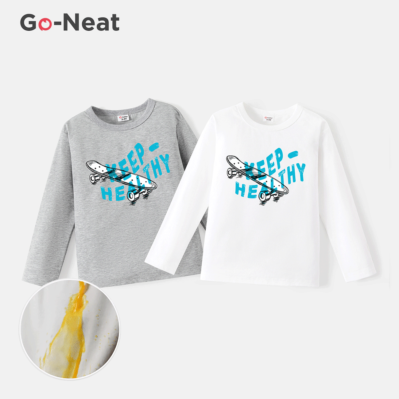 Go-Neat, wasserabweisendes und schmutzabweisendes Geschwister-T-Shirt mit passendem Skateboard und Buchstabenaufdruck hellgrau big image 1