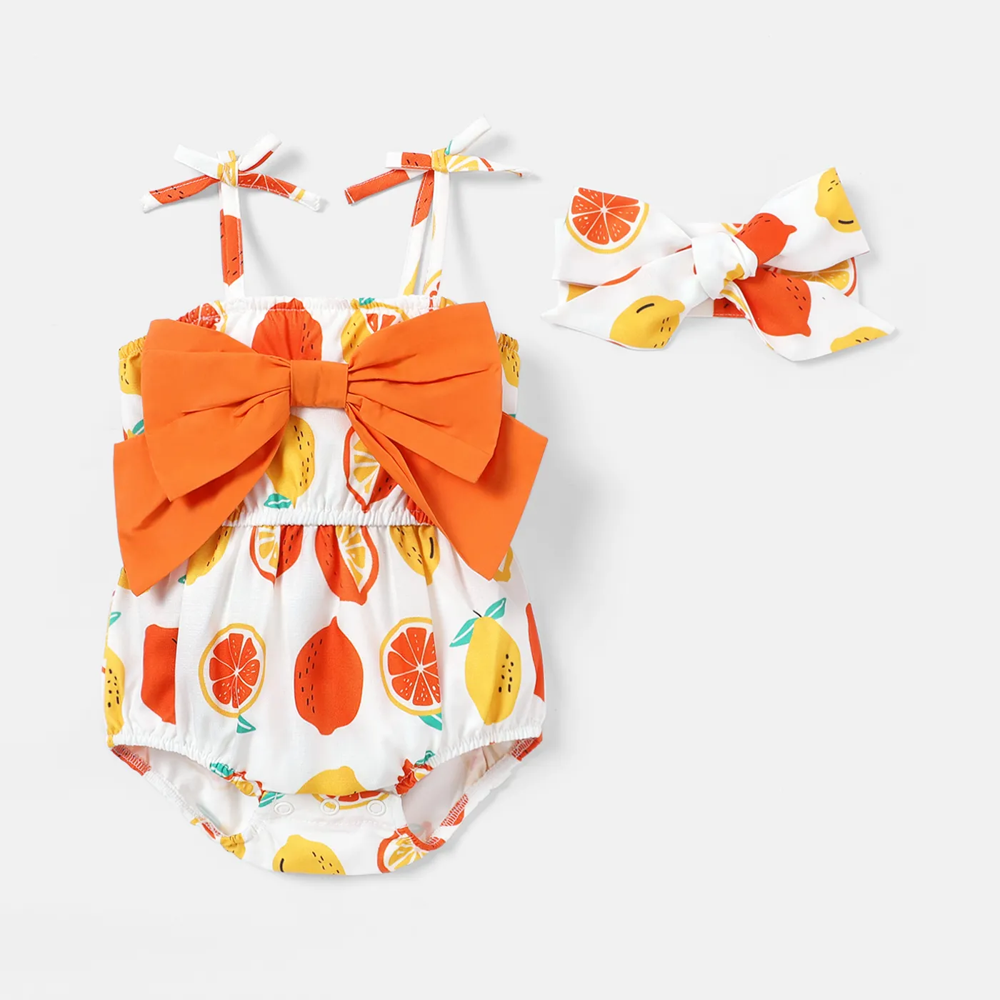 2pcs Baby Girl Cotton Bow Decor Allover Fruit Print Spaghetti Strap Romper & Headband Set Orange big image 1