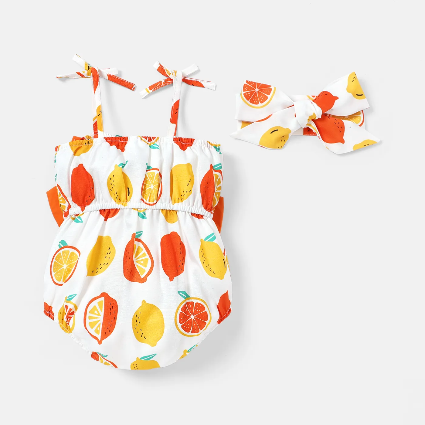 2pcs Baby Girl Cotton Bow Decor Allover Fruit Print Spaghetti Strap Romper & Headband Set Orange image 2