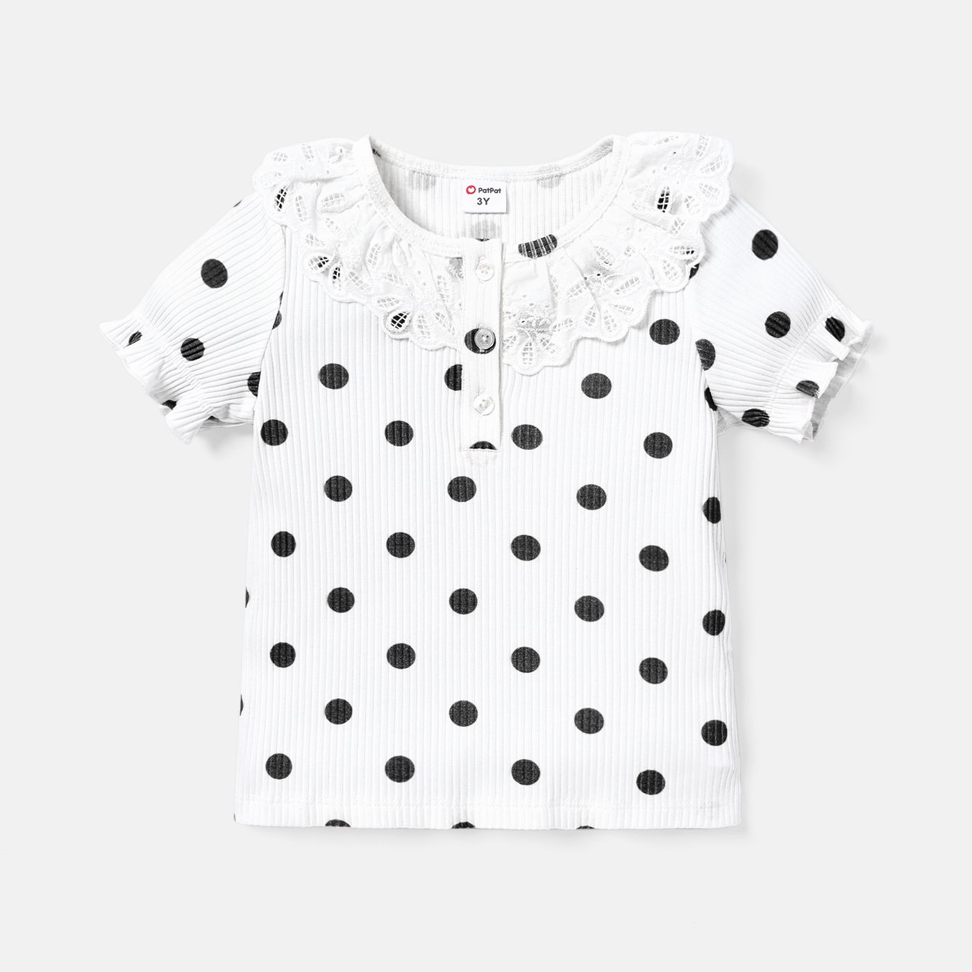 Toddler Girl Cotton Polka Dots Button Design Flounce Short-sleeve Tee