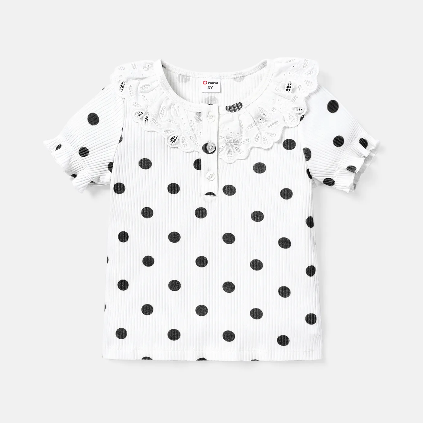 Toddler Girl Cotton Polka dots Button Design Flounce Short-sleeve Tee BlackandWhite big image 1