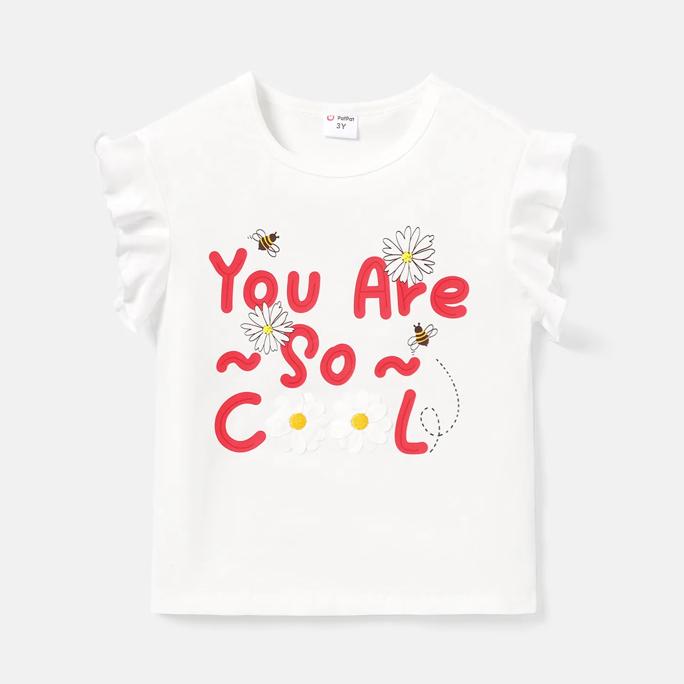 Toddler Girl Cotton Letter Print Floral Embroidered Short-sleeve Tee White big image 1