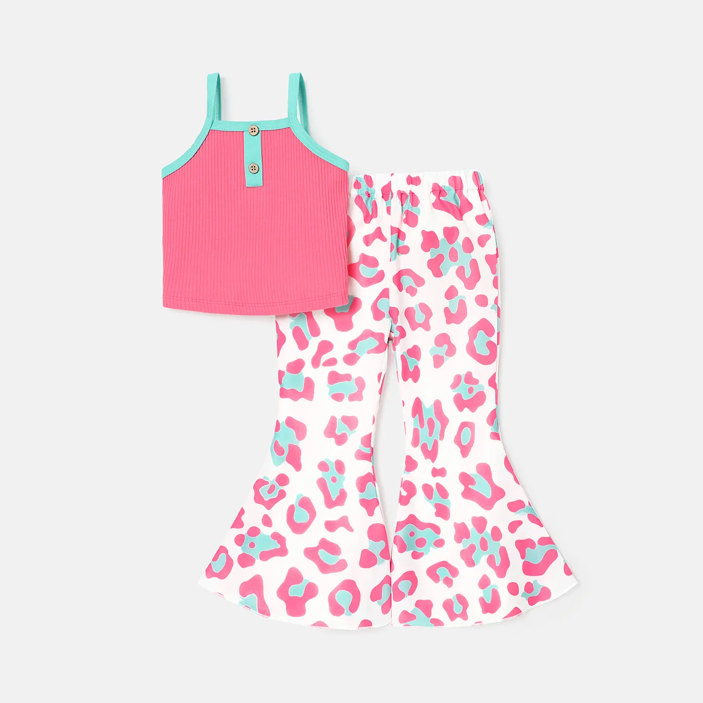 2pcs Toddler Girl Cotton Button Design Camisole and Leopard Print Flared Pants Set