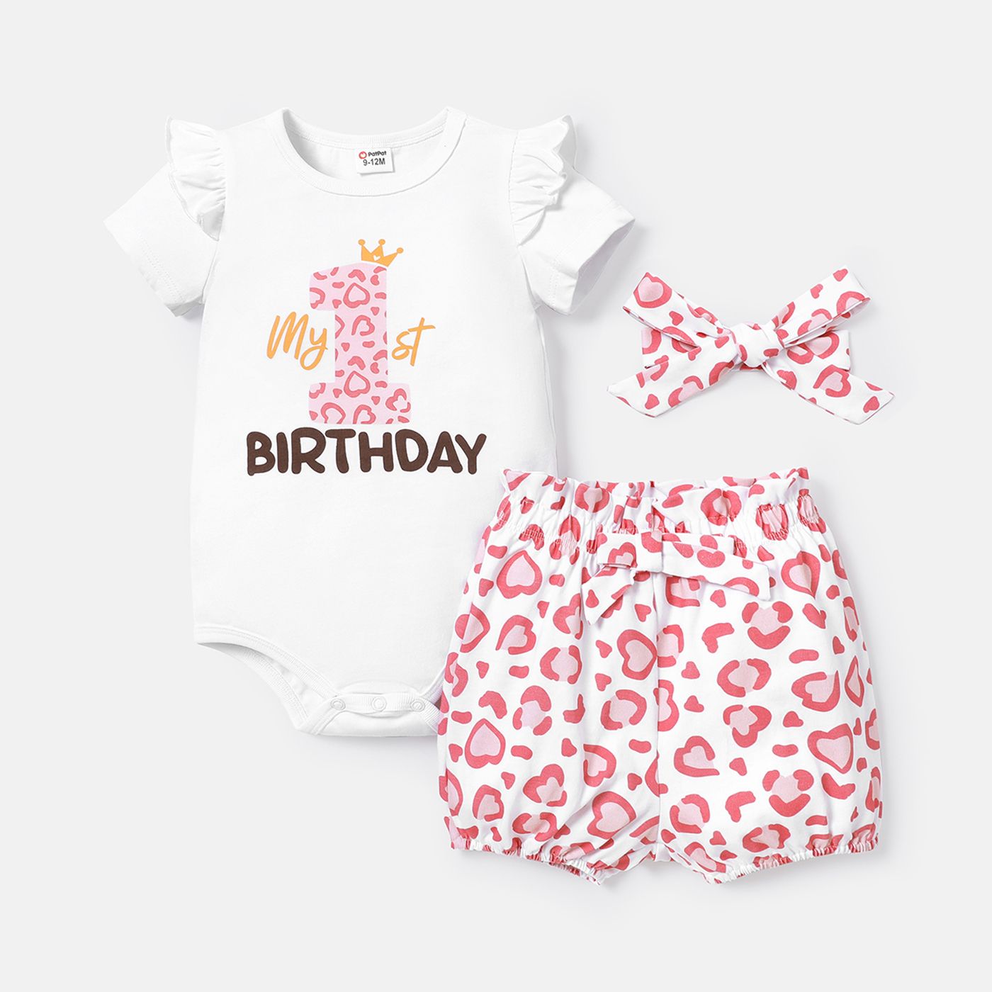 

3pcs Baby Girl 100% Cotton Letter Graphic Ruffle Short-sleeve Romper and Leopard Print Shorts & Headband Set