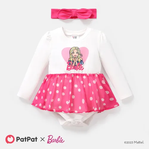 Barbie 2pcs Baby Girl Cotton Long-sleeve Polka Dot Print Spliced Romper & Headband Set