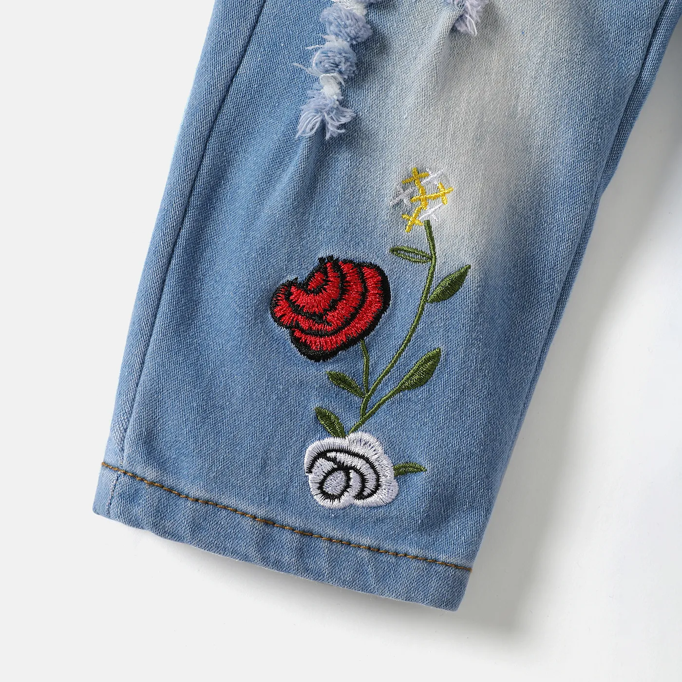 2pcs Baby Girl Cotton Layered Ruffle Trim Flare-sleeve Top and Rose Floral Embroidered Ripped Jeans Set Red image 4