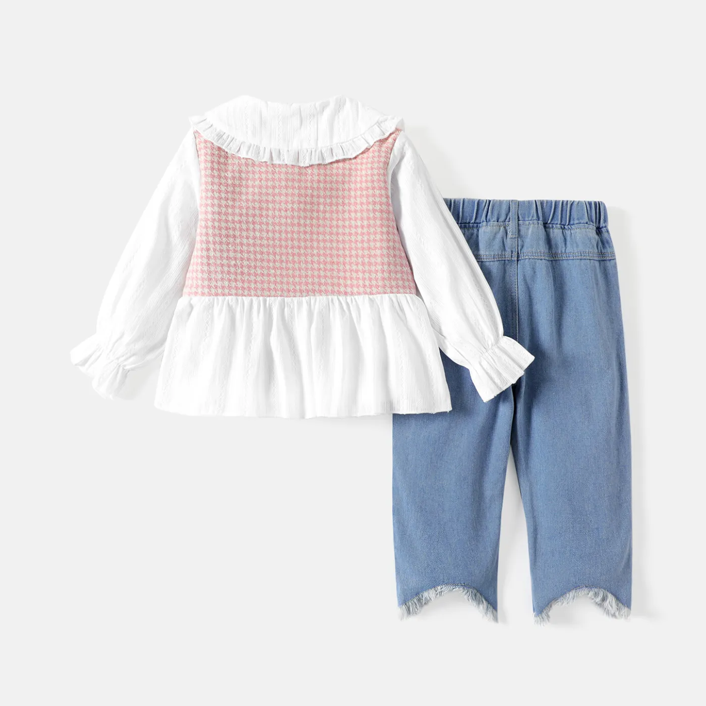 2pcs Toddler Girl Cotton Plaid Splice Long-sleeve Blouse and Denim Jeans Set Pink image 2
