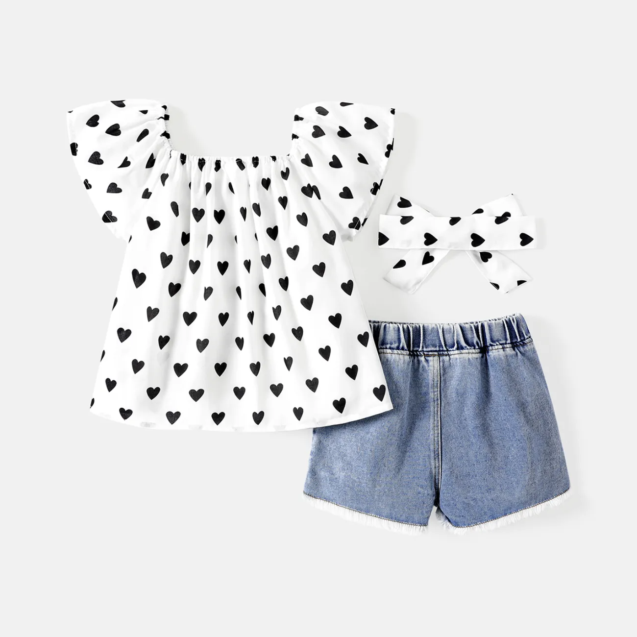 3pcs Toddler Girl Heart Print Off Shoulder Blouse and Denim Shorts & Headband Set White big image 1