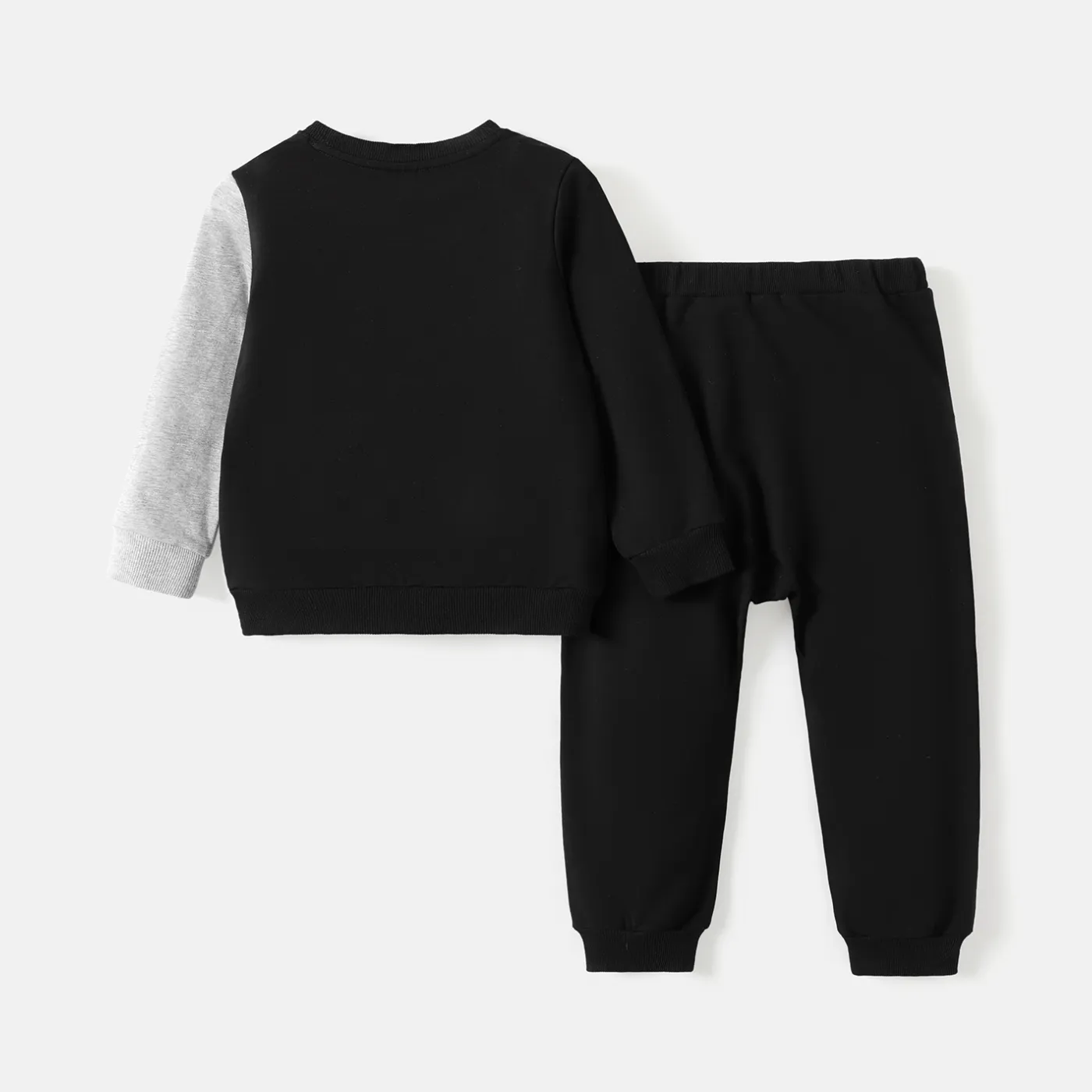2pcs Toddler Boy Letter Print Colorblock Cotton Sweatshirt and Ripped Pants Set Black image 2