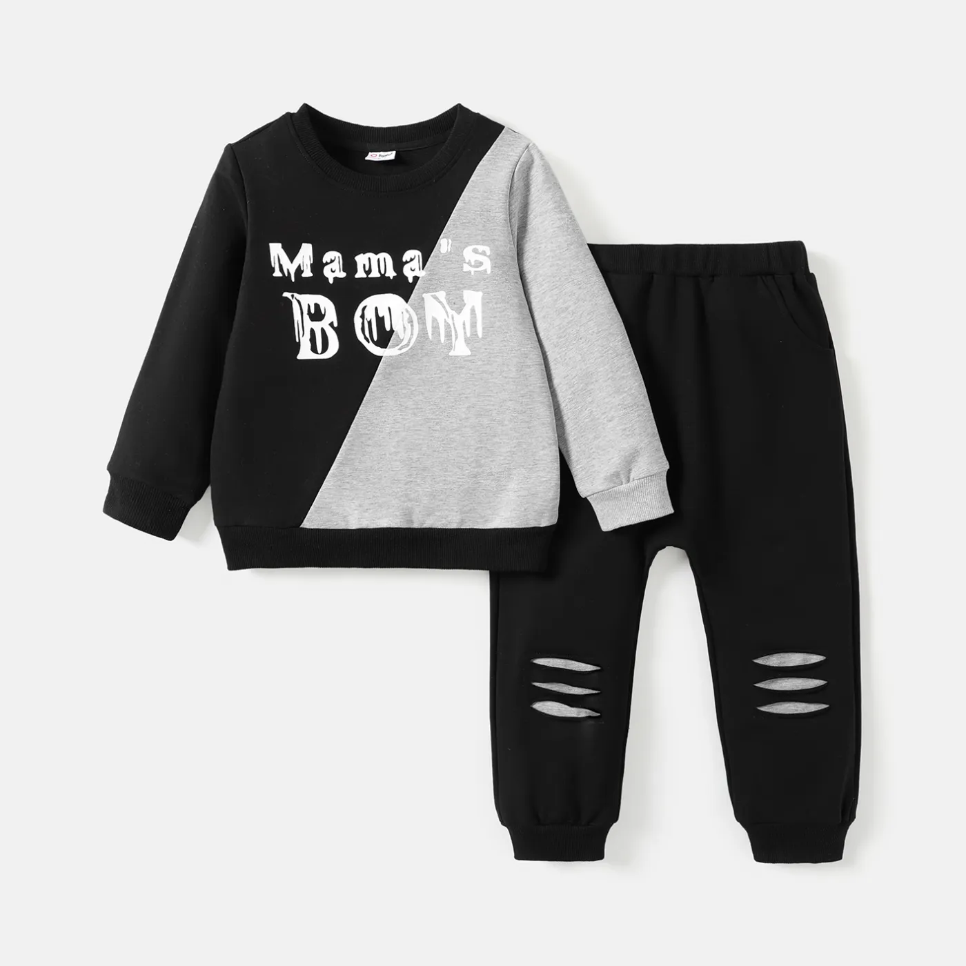 2pcs Toddler Boy Letter Print Colorblock Cotton Sweatshirt and Ripped Pants Set