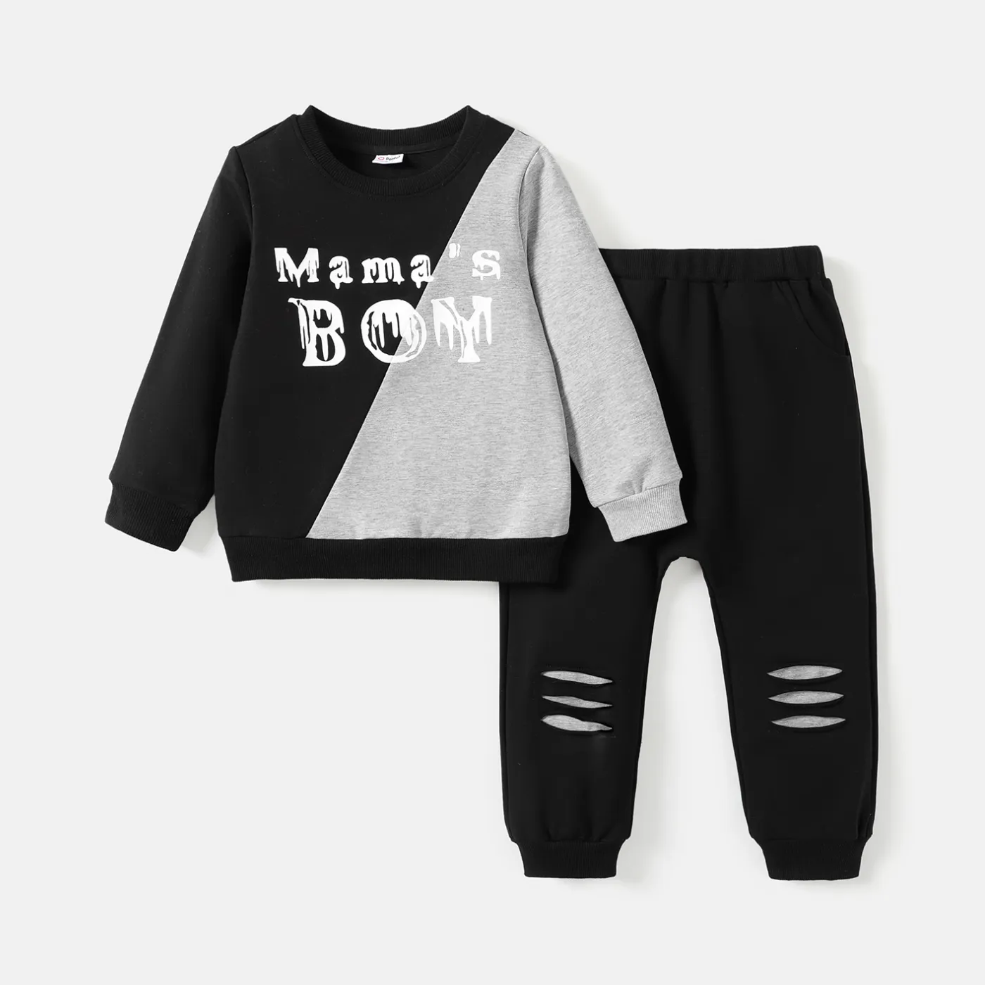 2pcs Toddler Boy Letter Print Colorblock Cotton Sweatshirt and Ripped Pants Set Black big image 1