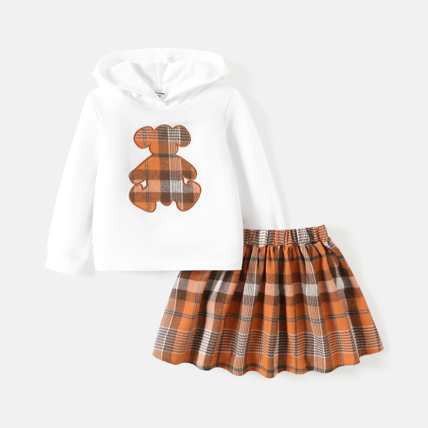 2pcs Toddler Girl Bear Embroidered Hoodie Sweatshirt And Plaid Skirt Set