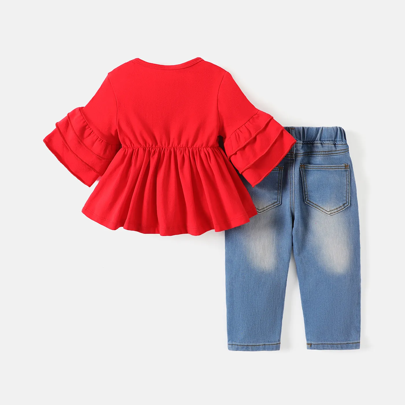 2pcs Baby Girl Cotton Layered Ruffle Trim Flare-sleeve Top and Rose Floral Embroidered Ripped Jeans Set Red image 2