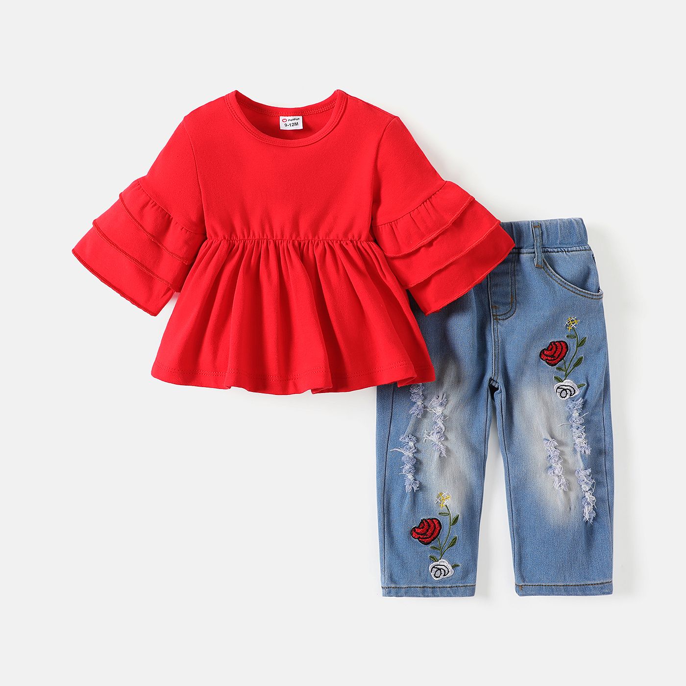 2pcs Baby Girl Cotton Layered Ruffle Trim Flare-sleeve Top And Rose Floral Embroidered Ripped Jeans Set