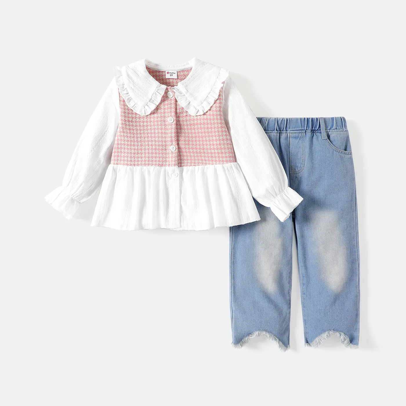 2pcs Toddler Girl Cotton Plaid Splice Long-sleeve Blouse and Denim Jeans Set Pink big image 1