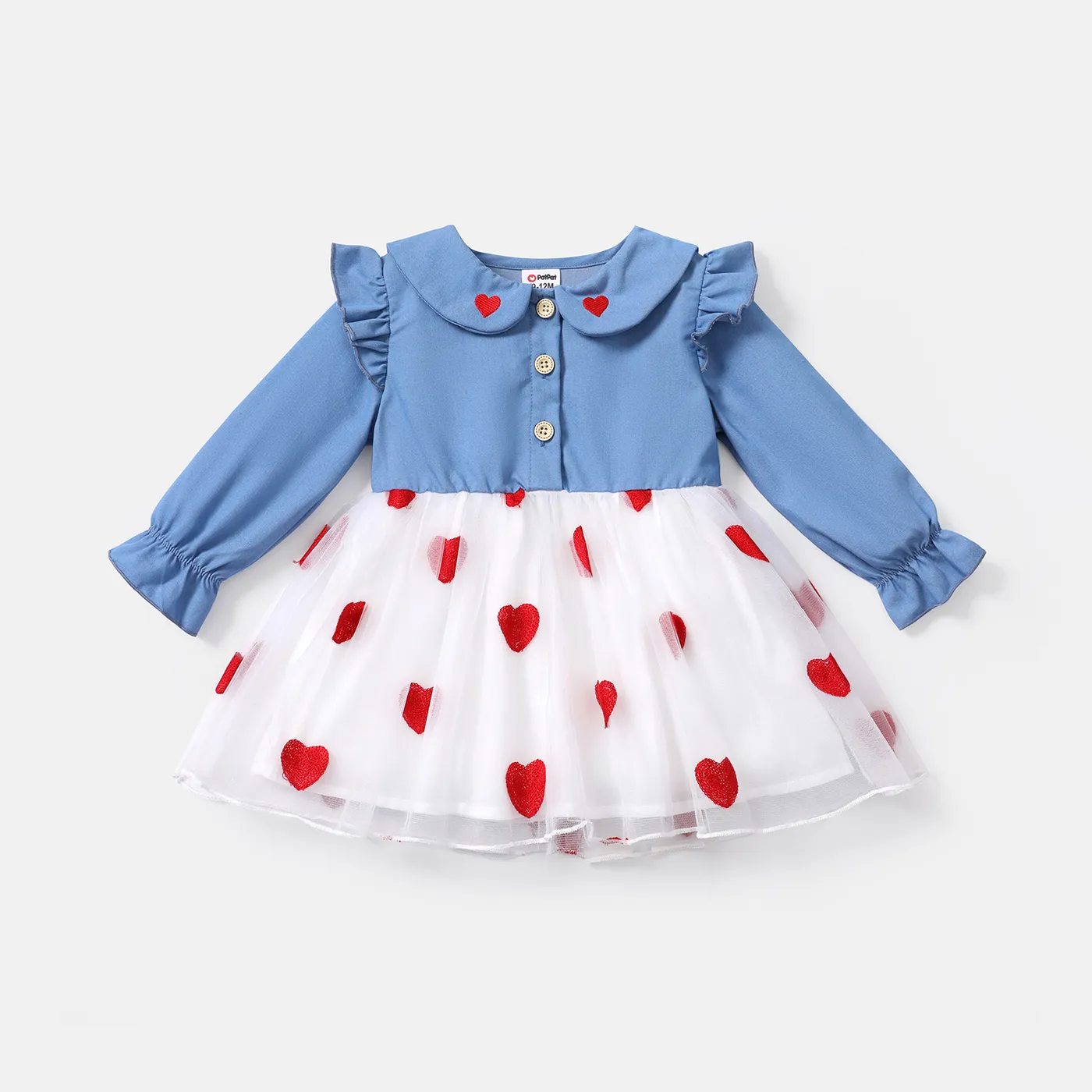 Baby Girl Heart Embroidered Peter Pan Collar Long-sleeve Spliced Mesh Dress Blue big image 1