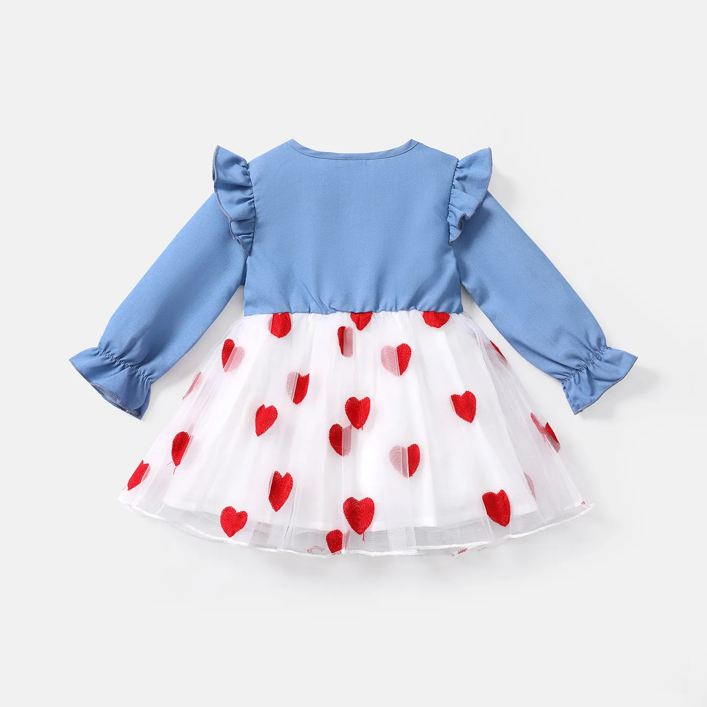 Baby Girl Heart Embroidered Peter Pan Collar Long-sleeve Spliced Mesh Dress Blue image 2