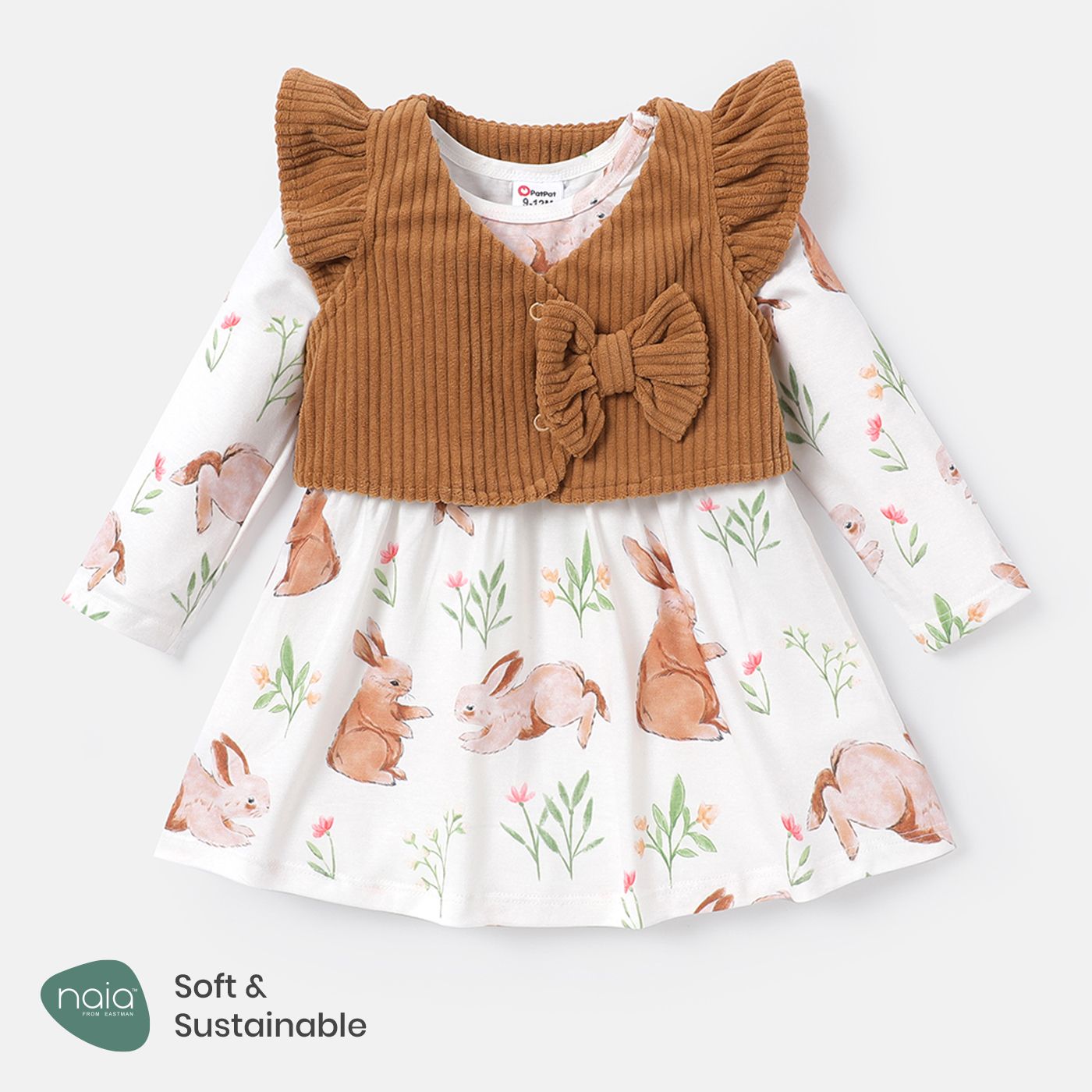 

2pcs Baby Girl Allover Rabbit Print Long-sleeve Naia™ Dress and Bow Front Vest Set
