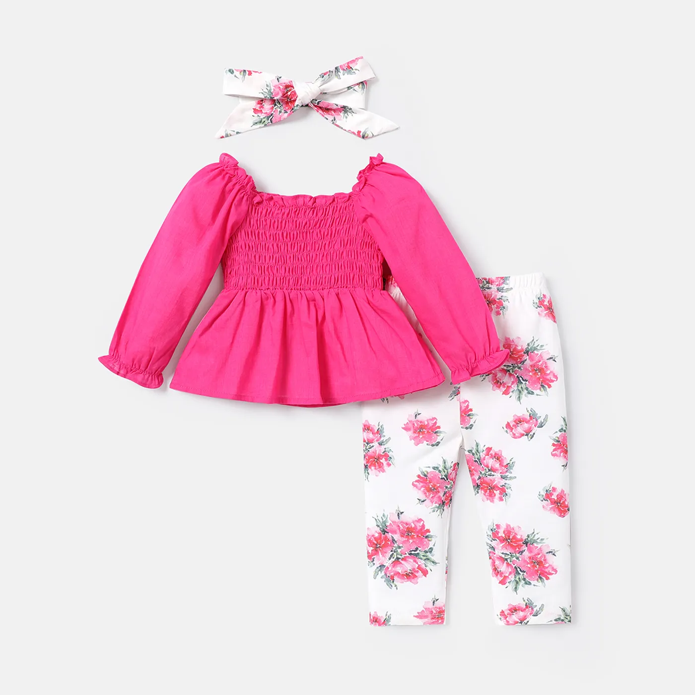 

3pcs Baby Girl 100% Cotton Off Long-sleeve Shirred Top and Floral Print Naia™ Pants & Headband Set