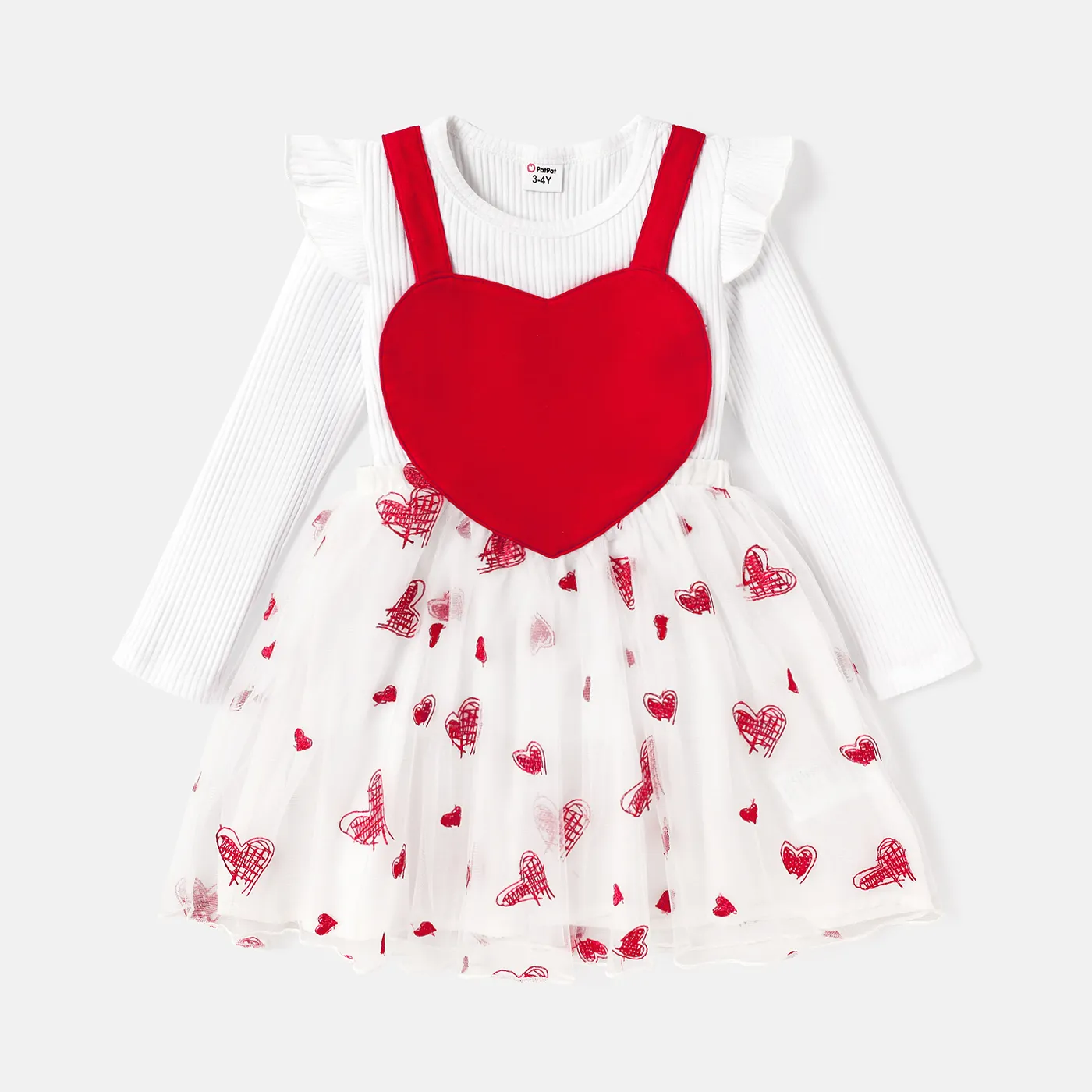 

2pcs Toddler Girl Valentine's Day Ruffled Ribbed Tee and Heart Embroidered Mesh Suspender Skirt Set