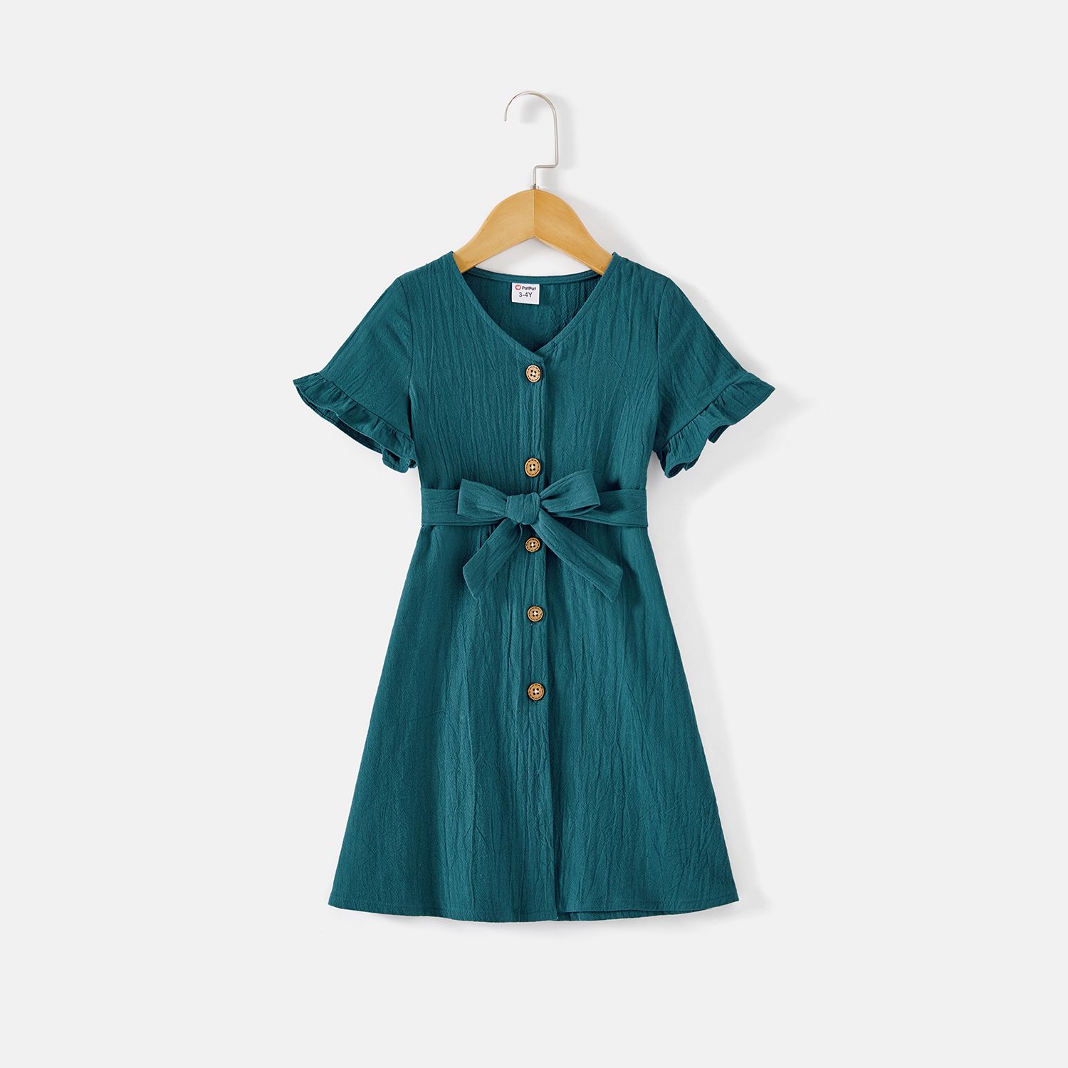 Mommy And Me 100% Cotton Button Front Solid V Neck Ruffle-sleeve Belted Dresses