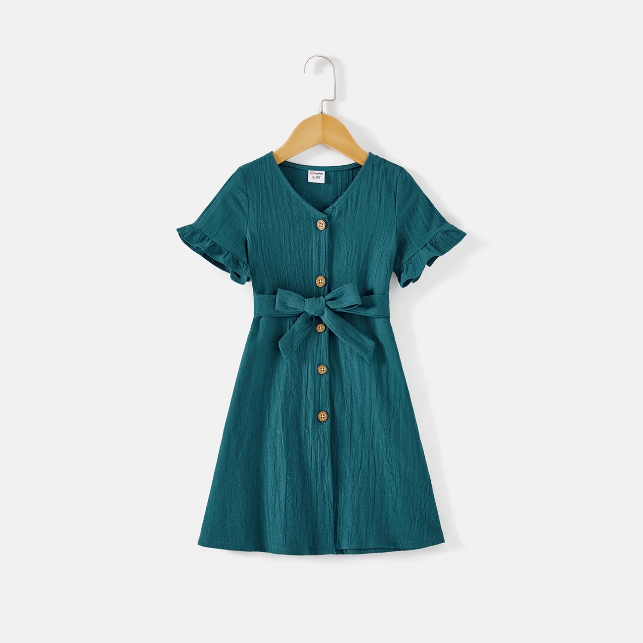 Mommy and Me 100% Cotton Button Front Solid V Neck Ruffle-sleeve Belted Dresses Peacockblue big image 1