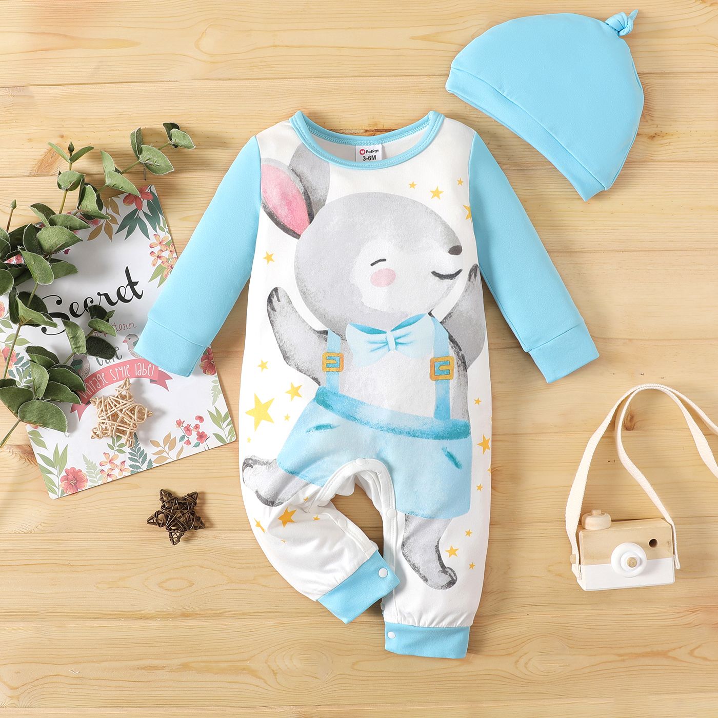 

2pcs Baby Boy/Girl Rabbit Print Long-sleeve Jumpsuit with Hat/Headband Set