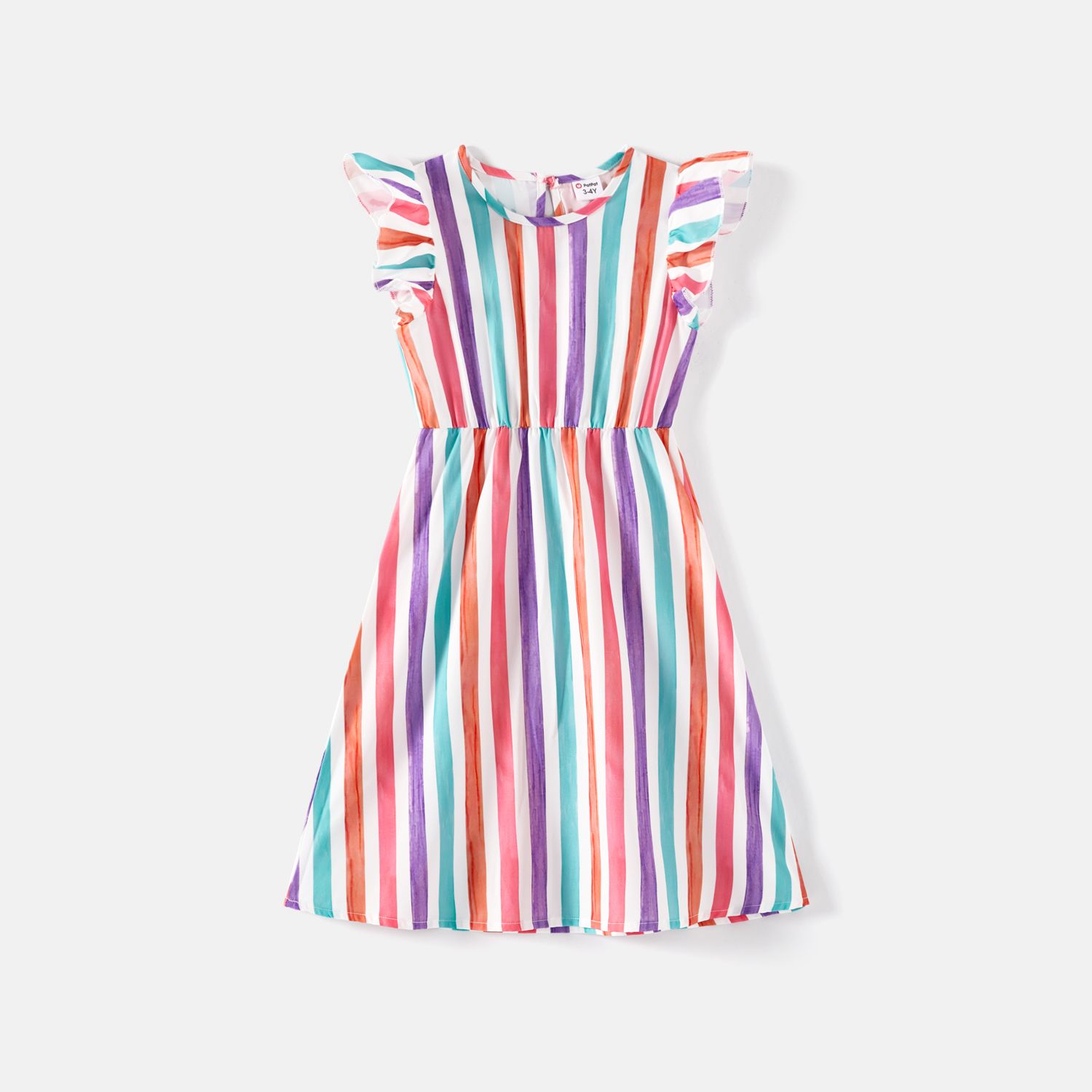 Family Matching Colorful Striped Flutter-sleeve Dresses And Short-sleeve Tee Sets