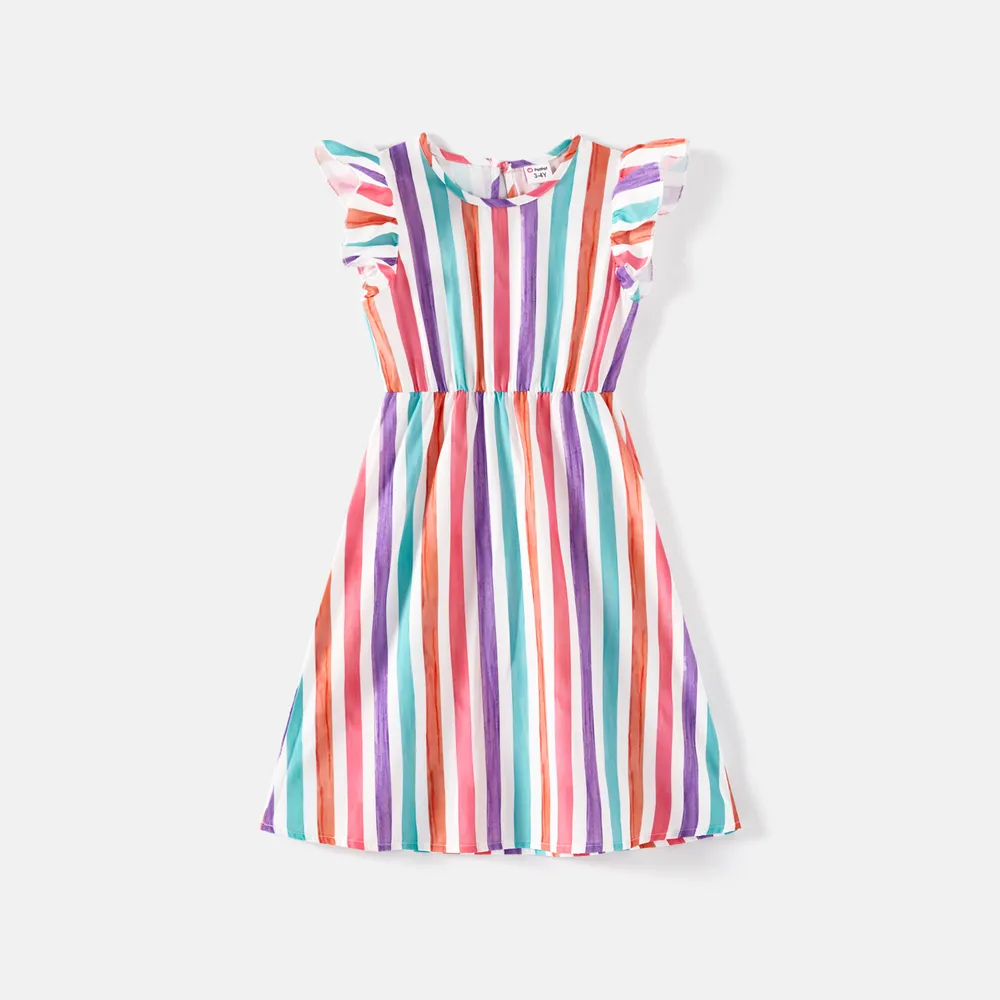 Family Matching Colorful Striped Flutter-sleeve Dresses and Short-sleeve Tee Sets  big image 9