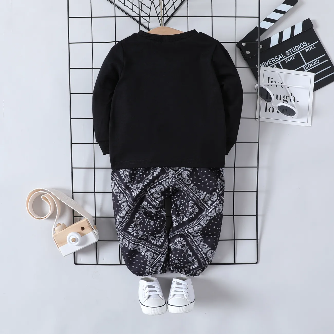 2pcs Baby Boy Long-sleeve Sweatshirt and Allover Boho Print Sweatpants Set Black big image 1