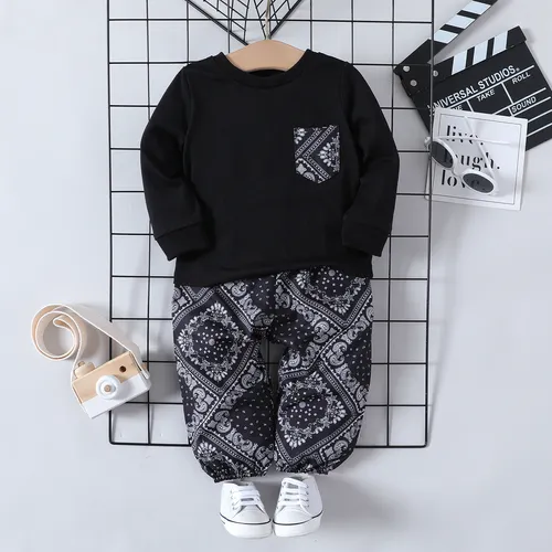 2pcs Baby Boy Long-sleeve Sweatshirt and Allover Boho Print Sweatpants Set