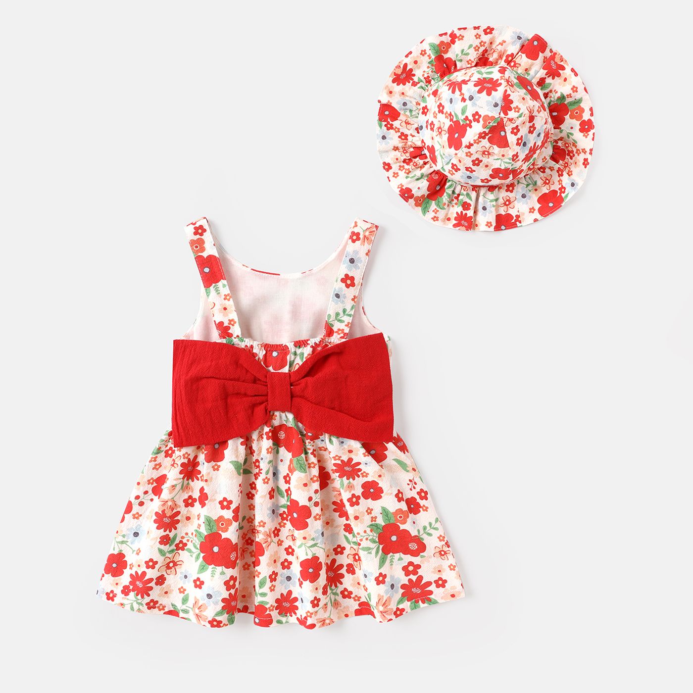 

2pcs Baby Girl 100% Cotton Floral Print Bowknot Design Sleeveless Dress and Cap Set