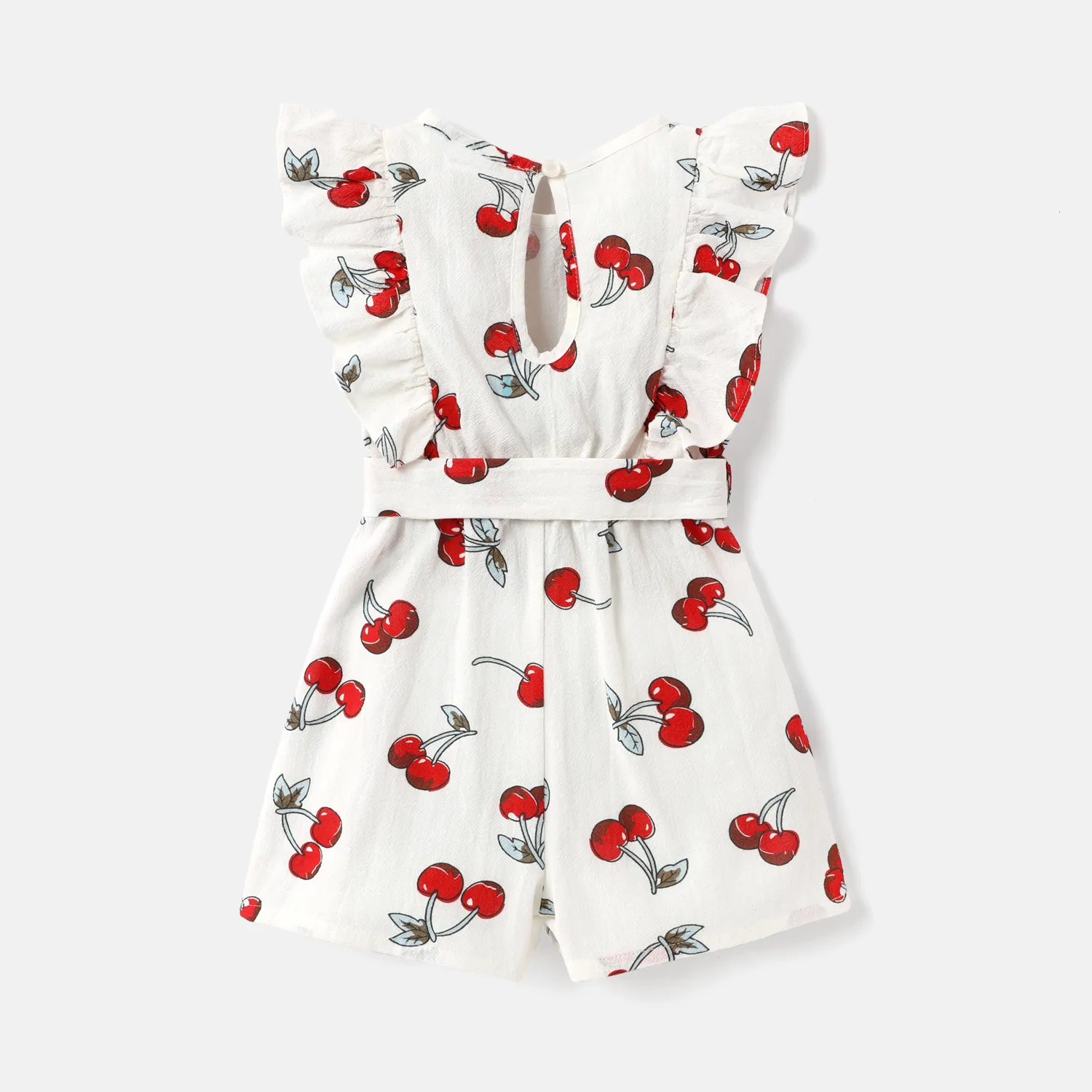 Toddler Girl 100% Cotton Ruffled Cherry Print Sleeveless Belted Rompers REDWHITE image 2