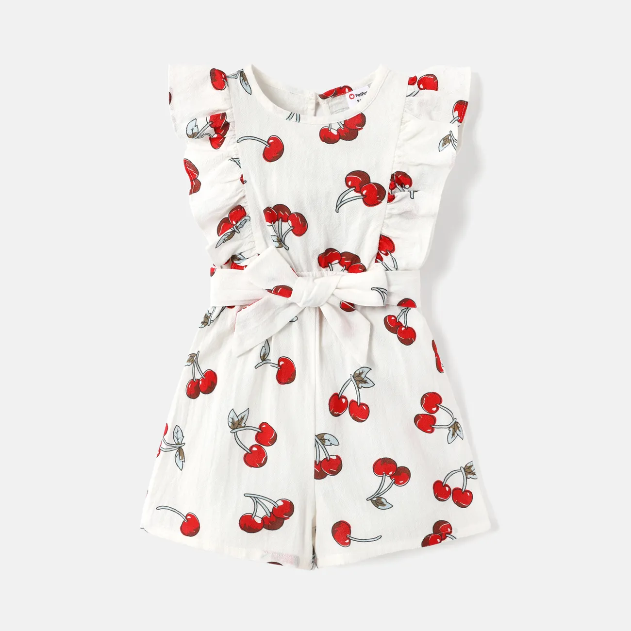 Toddler Girl 100% Cotton Ruffled Cherry Print Sleeveless Belted Rompers  big image 1