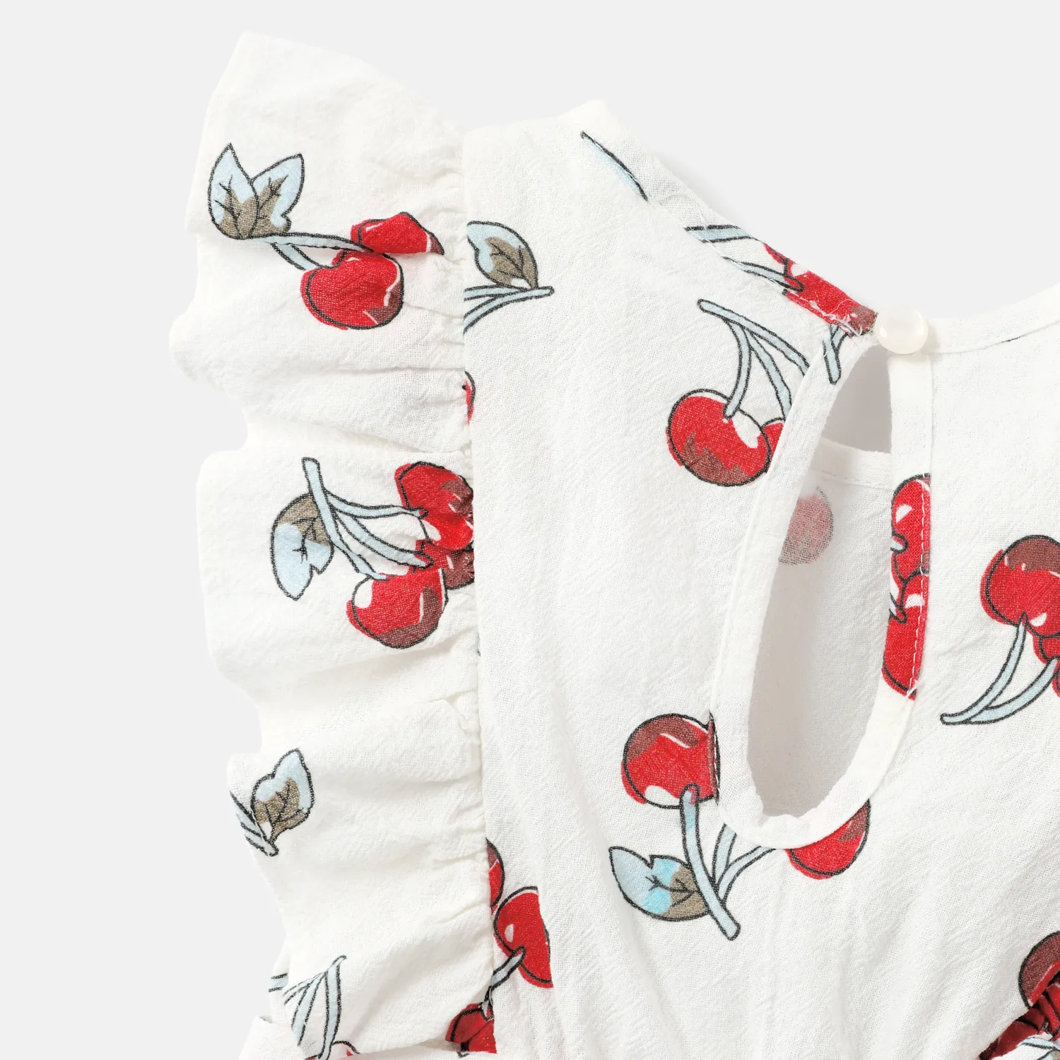 Toddler Girl 100% Cotton Ruffled Cherry Print Sleeveless Belted Rompers REDWHITE image 4