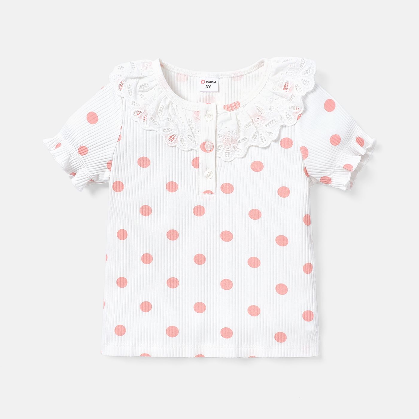 Toddler Girl Cotton Polka dots Button Design Flounce Short-sleeve Tee