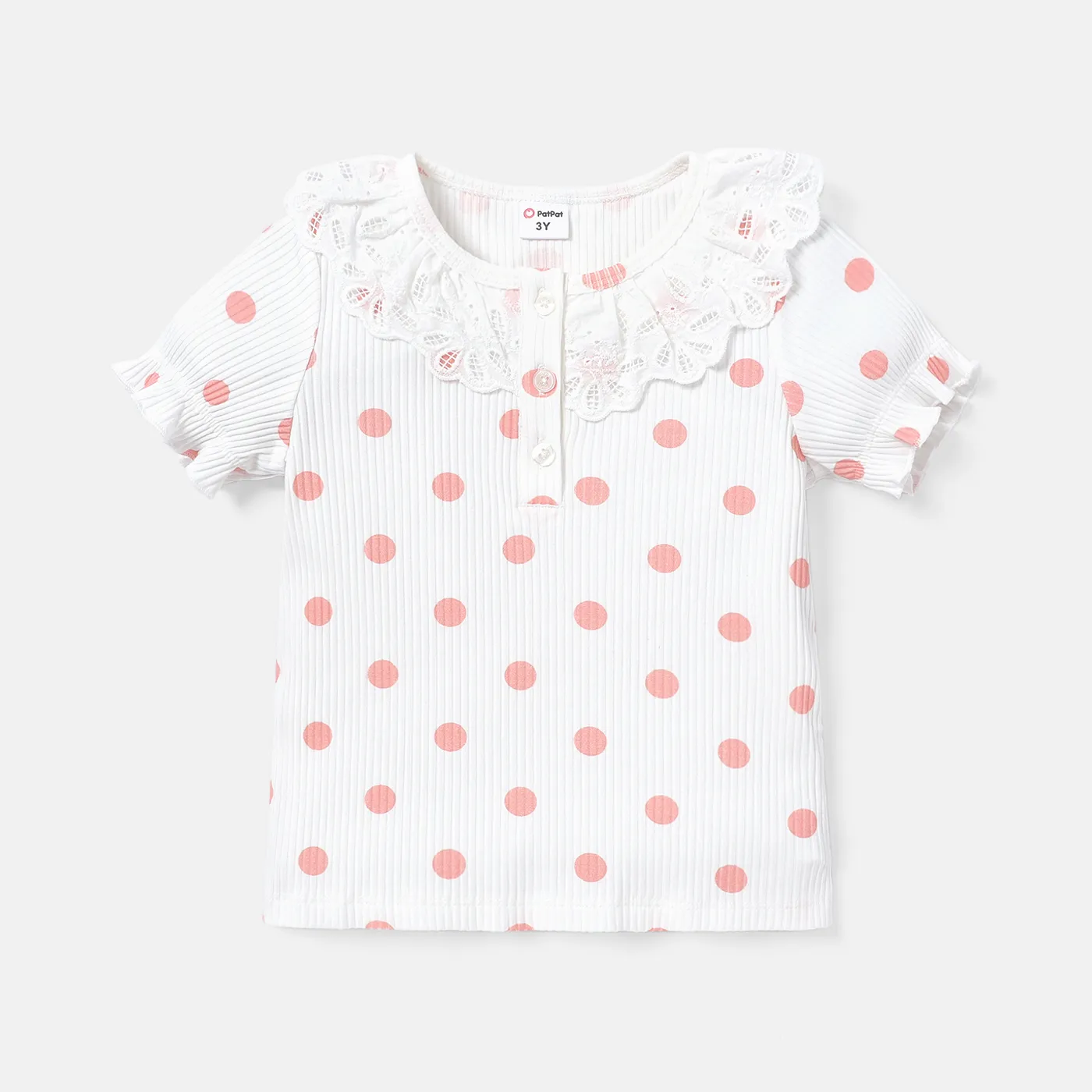 Toddler Girl Cotton Polka Dots Button Design Flounce Short-sleeve Tee