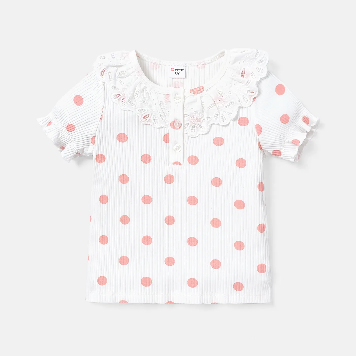 Toddler Girl Cotton Polka dots Button Design Flounce Short-sleeve Tee PinkyWhite