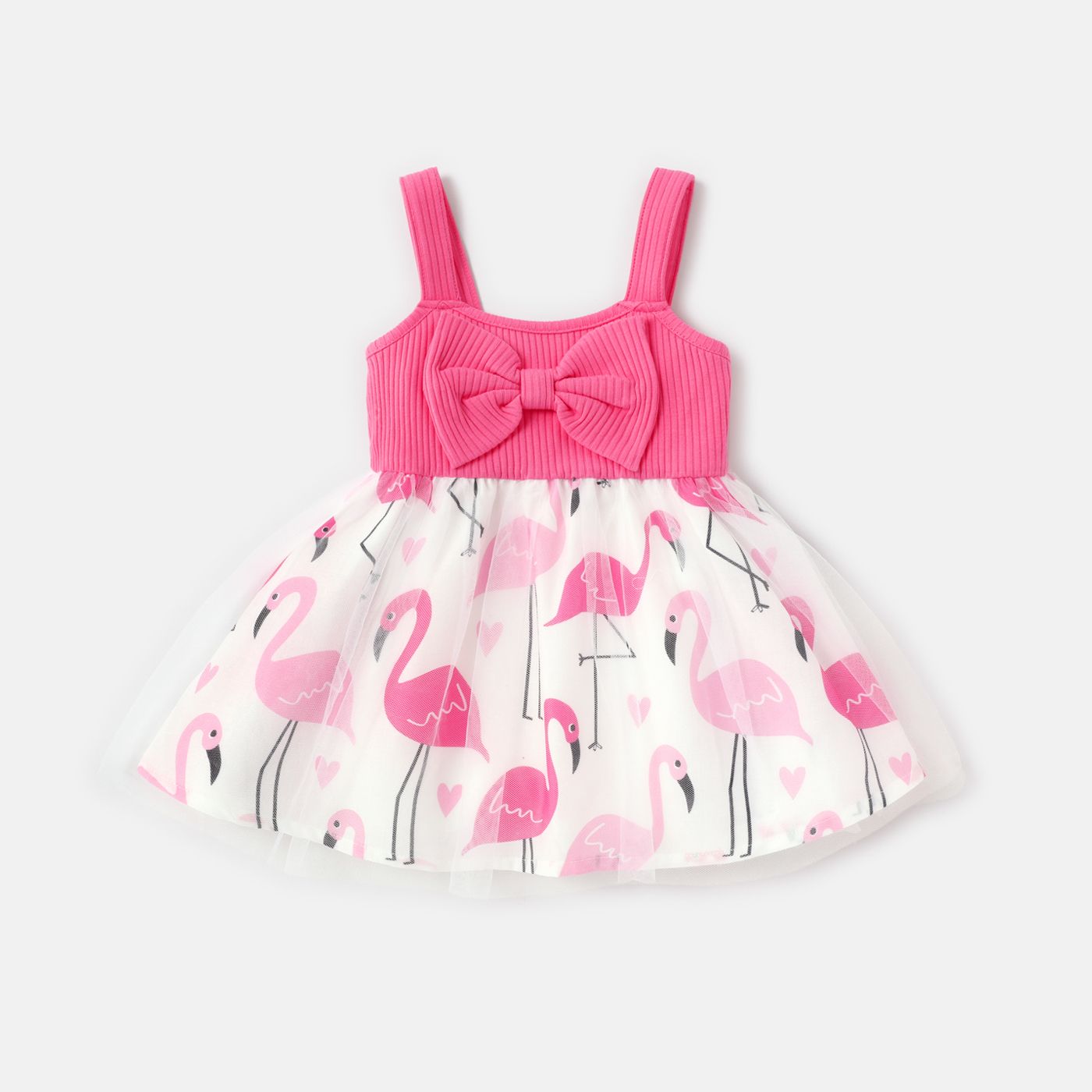 

Baby Girl Bowknot Design Flamingo Print Mesh Splice Cami Dress