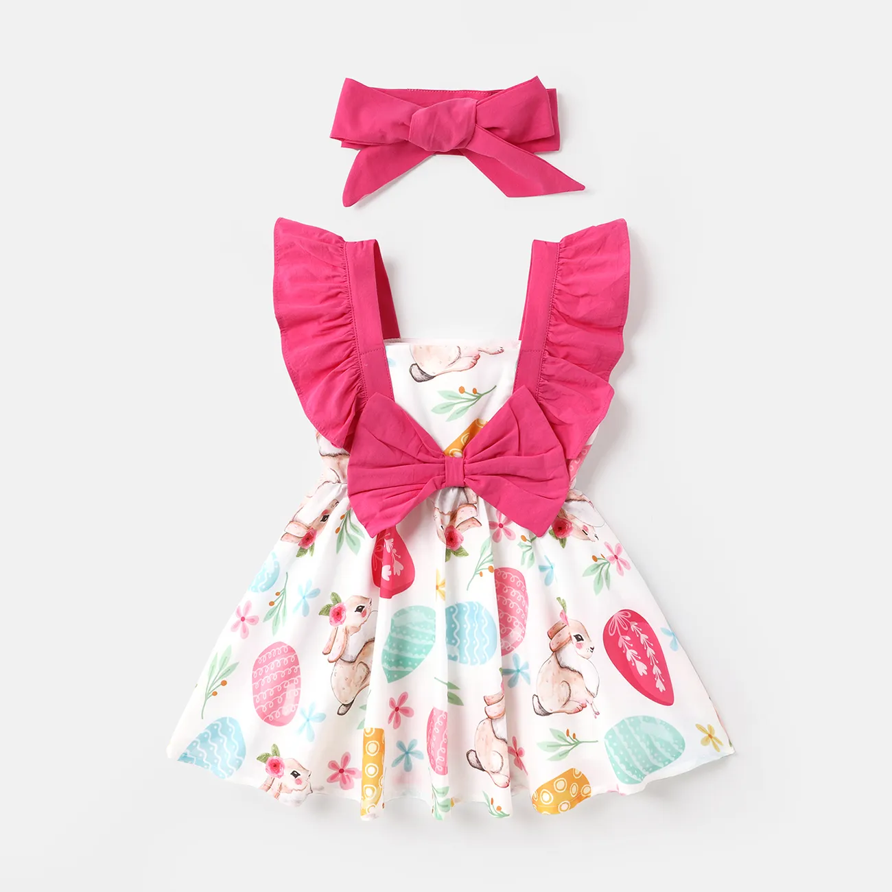 2pcs Baby Girl Cotton Ruffle Trim Bow Decor Egg & Rabbit Print Dress and Headband Set  big image 1